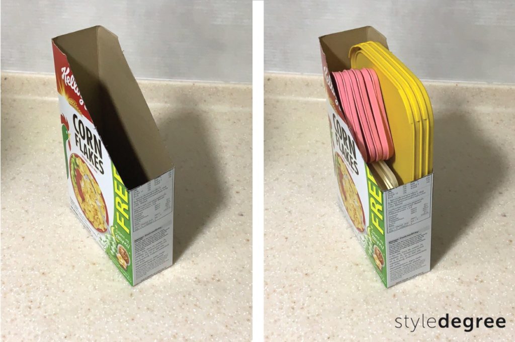 Corral container lids together, hack a cereal box, organization diy, ways to organize food storage container lids, tips to organize food storage containers, how to organize food storage containers in cabinets, Style Degree, Singapore, SG, StyleMag.